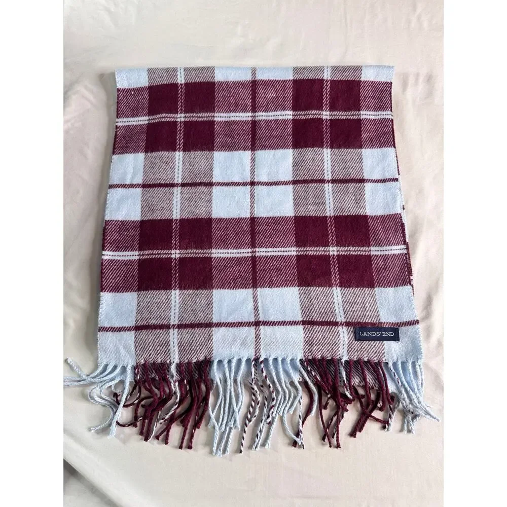 Lands’ End CashTouch Plaid Scarf Burgundy Light Blue Fringe Soft Winter Unisex